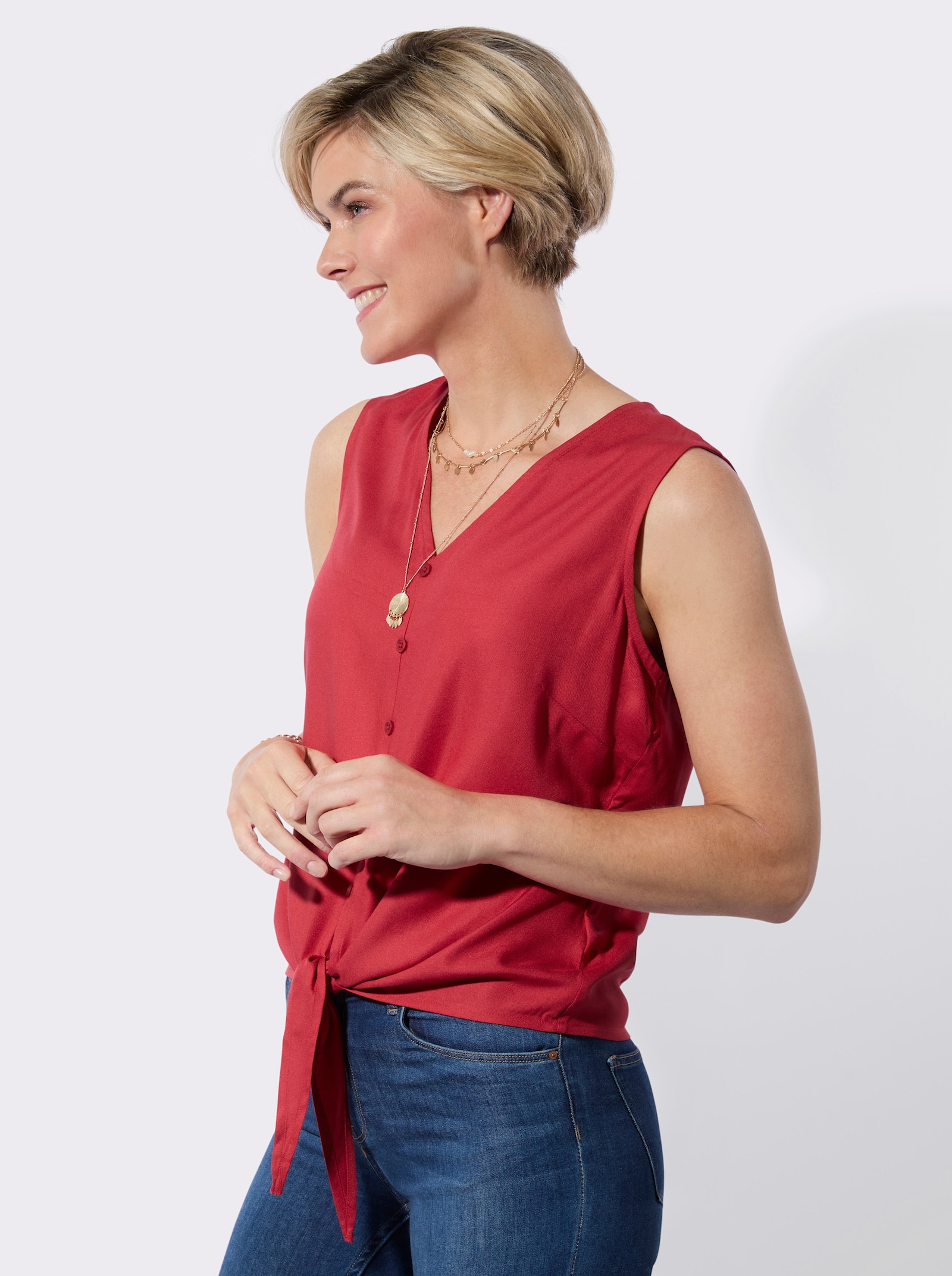 Blusentop mit geknotetem Saum - erdbeere