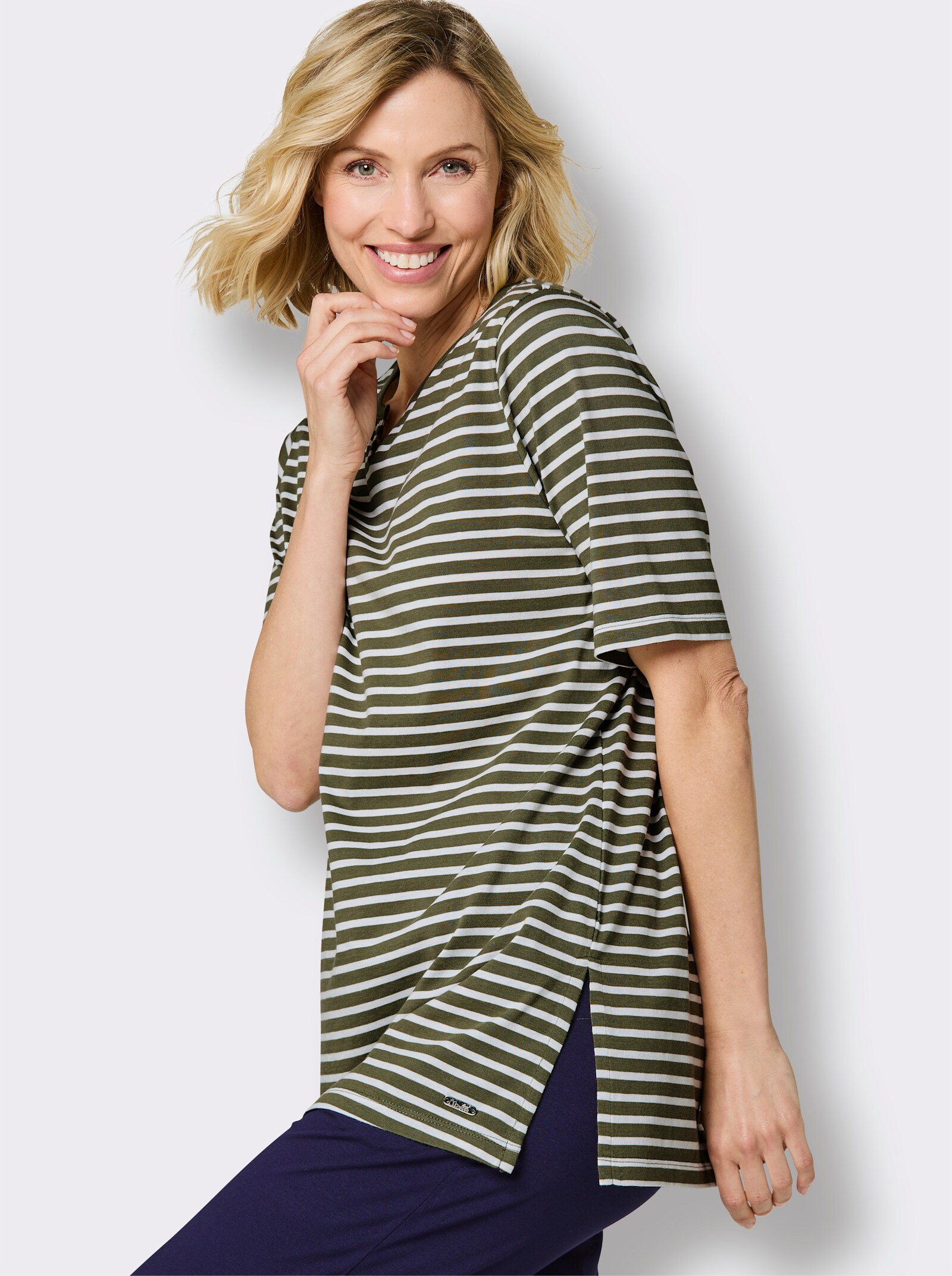 feel good Rundhalsshirt mit Halbarm - khaki-weiß