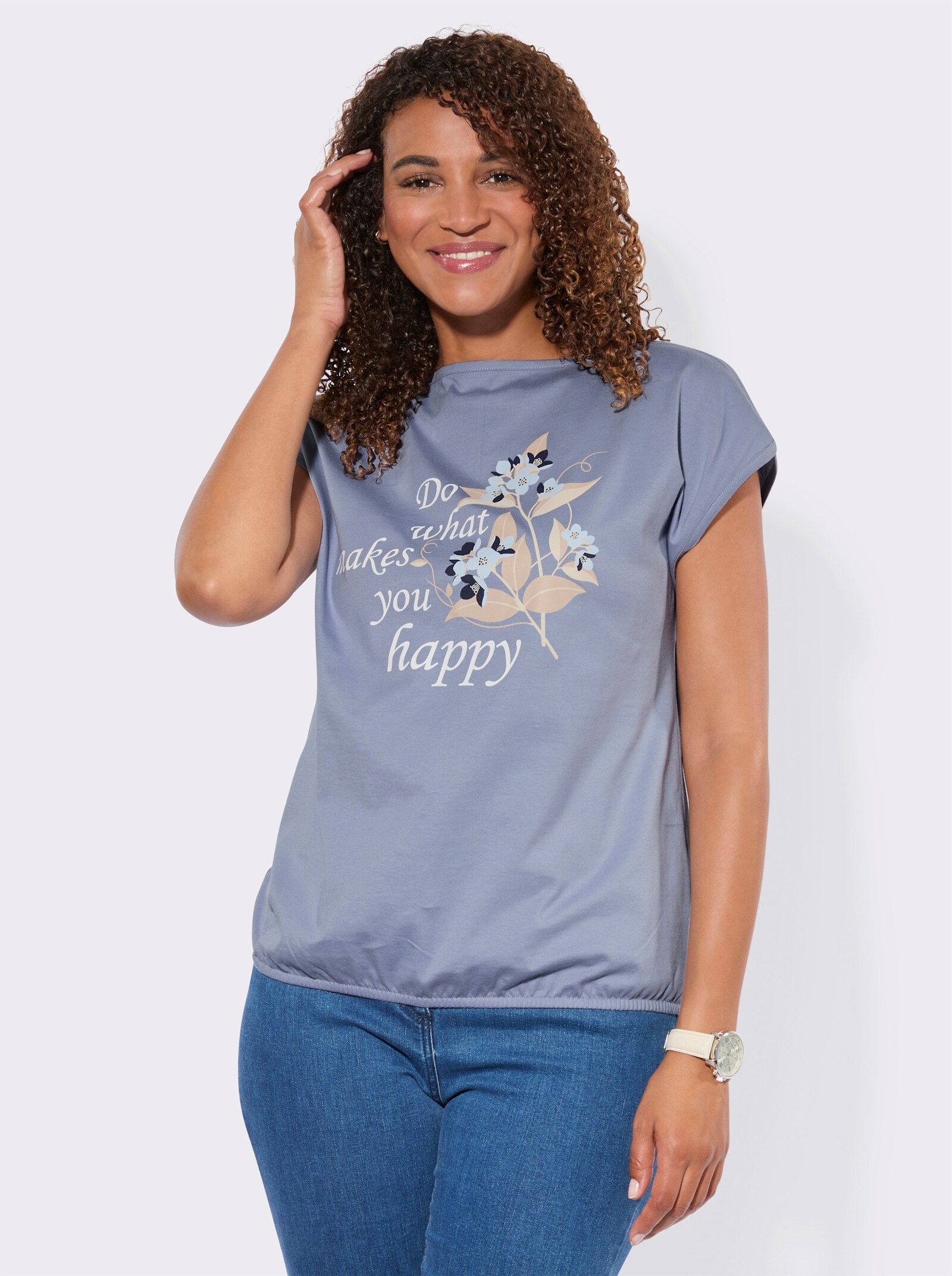 Shirt mit Schriftzug - taubenblau-ecru-bedruckt