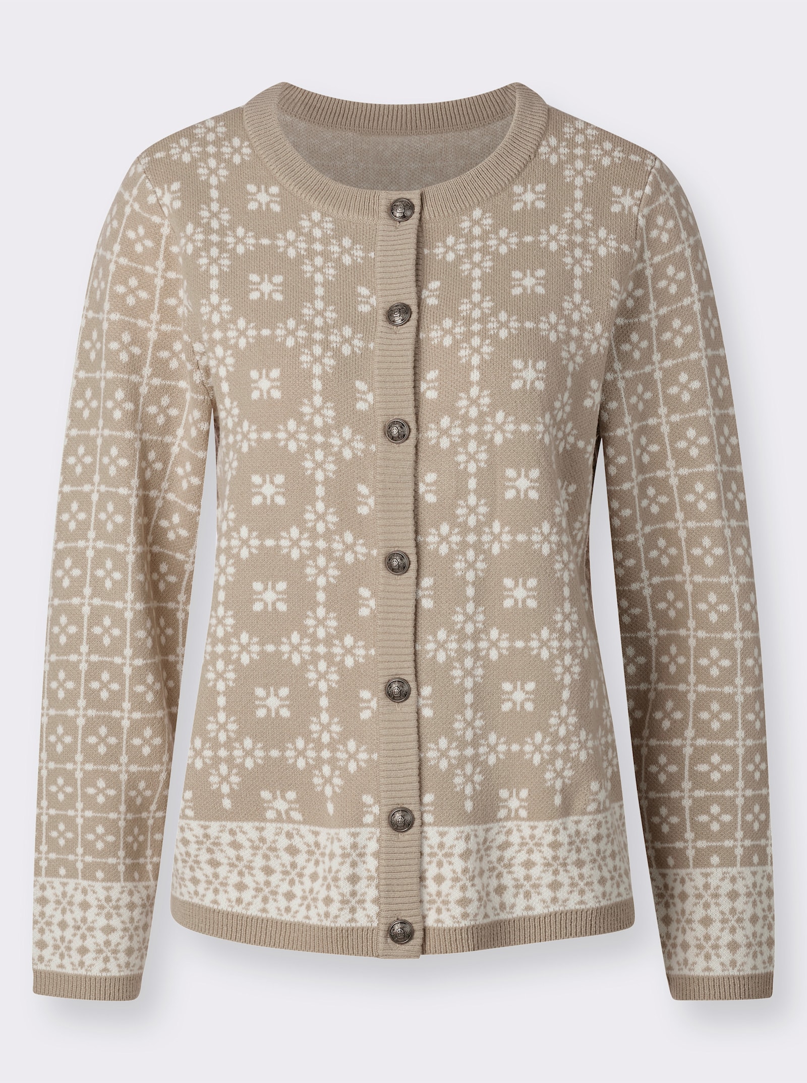 Žakárový pletený kabátek s krojovými knoflíky - sezamová-šampaňská-vzor