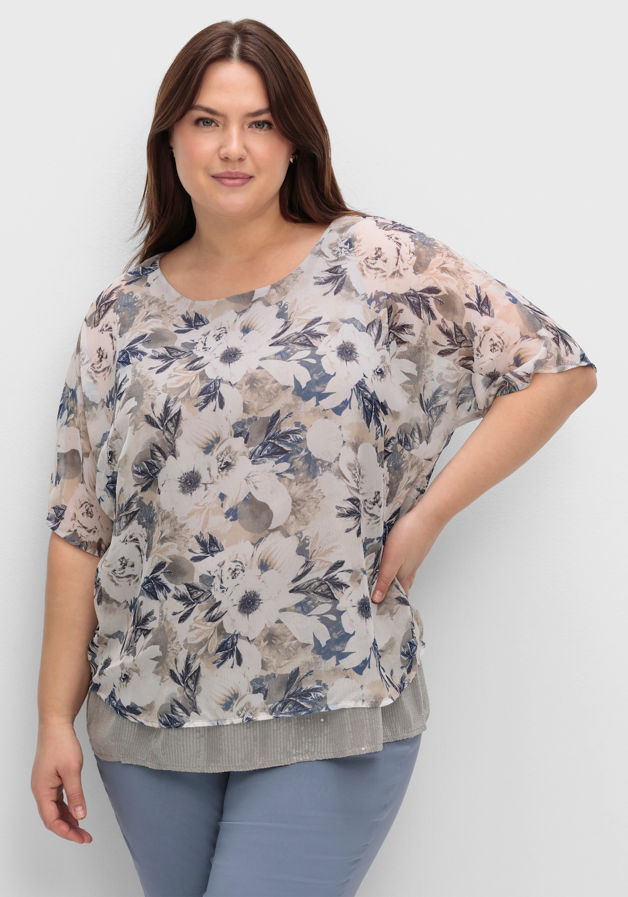 Kurzarm-Bluse - hellgrau-jeansblau-bedruckt