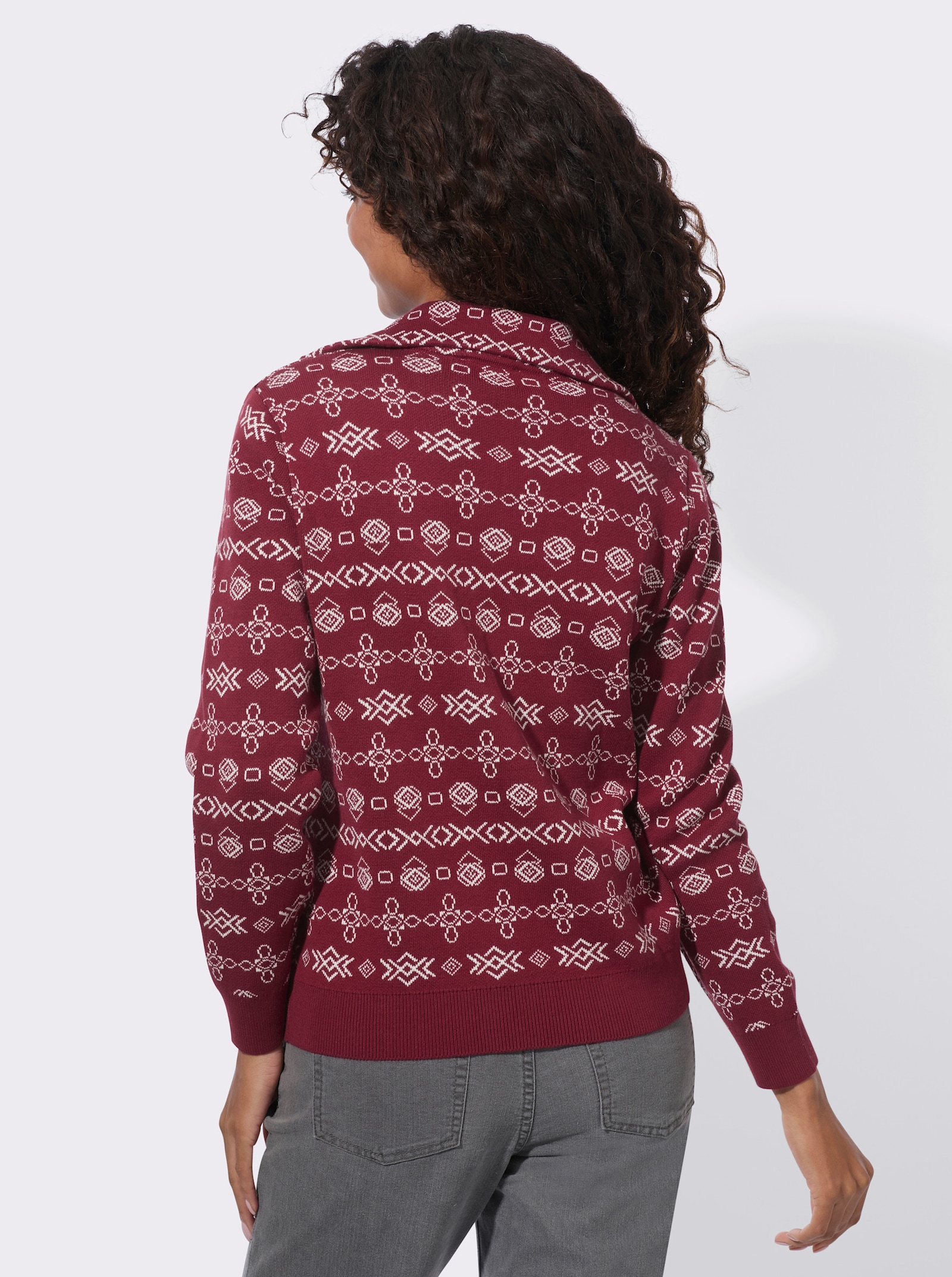 Jacquard-Pullover mit geripptem Saum - dunkelrot-ecru-gemustert