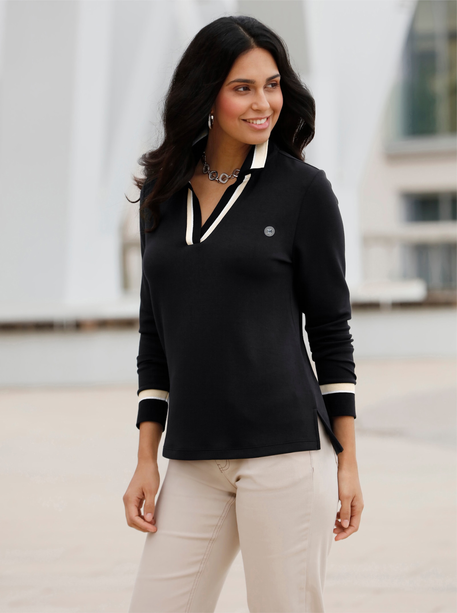 Poloshirt met contrasterende accenten - zwart/zand gedessineerd