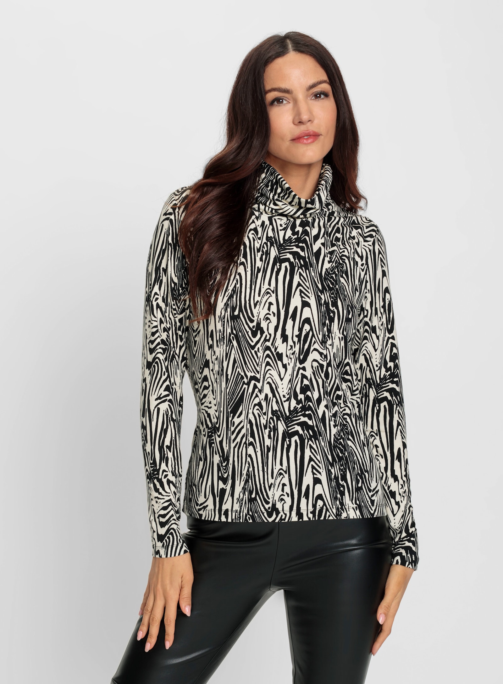 heine Print-Shirt mit Raffung am Kragen - schwarz-champagner-bedruckt