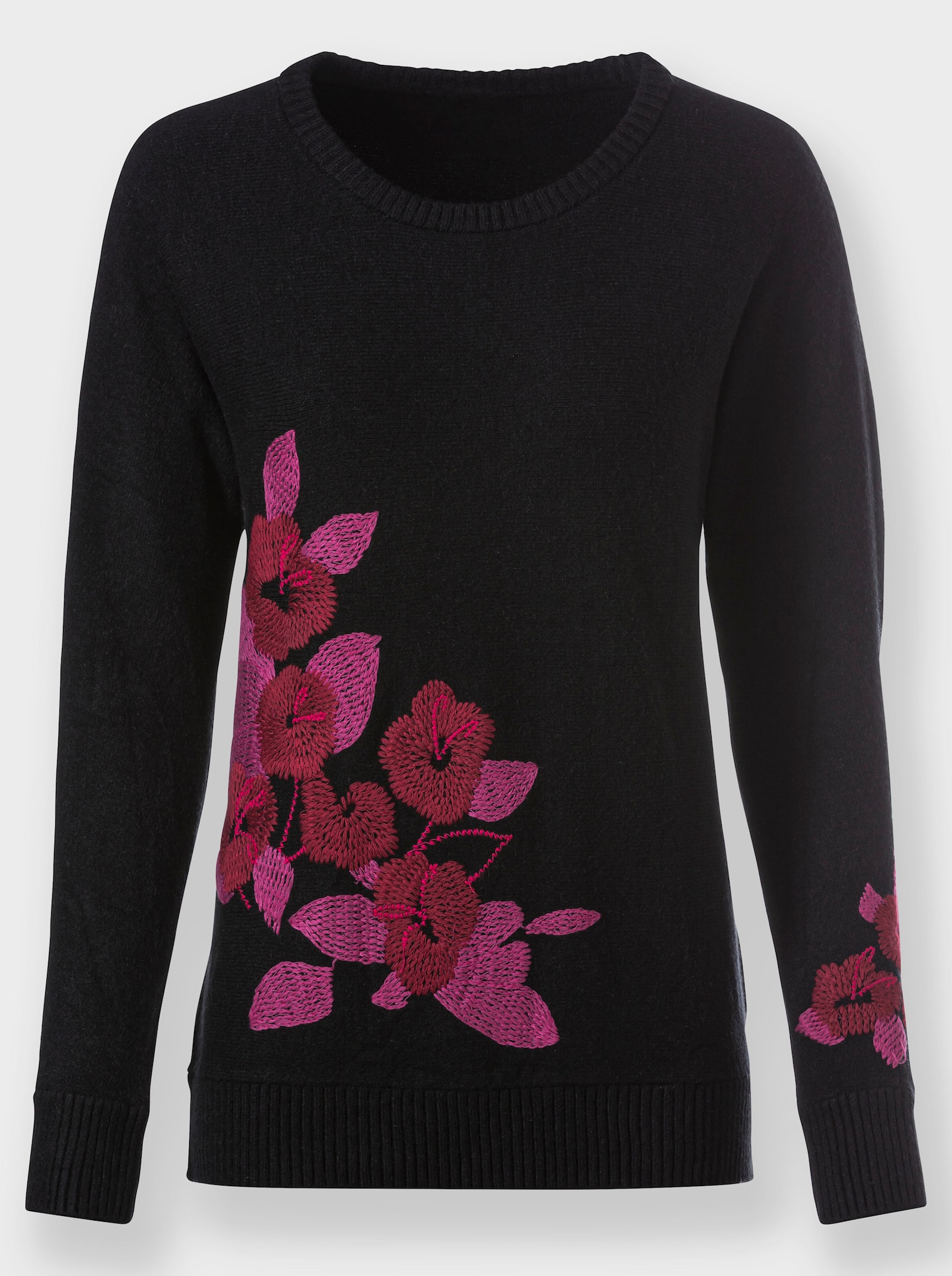 heine Rundhalspullover mit Blütenstickerei - schwarz-dunkelrot-gemustert