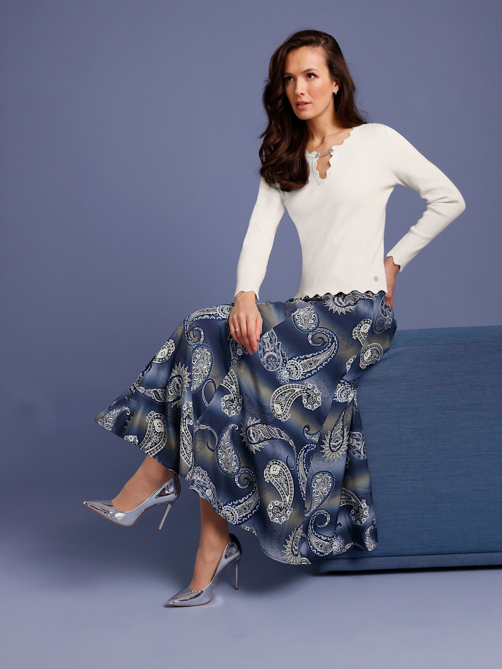 CREATION L PREMIUM Bahnenrock mit 30% Seide - marine-ecru-bedruckt