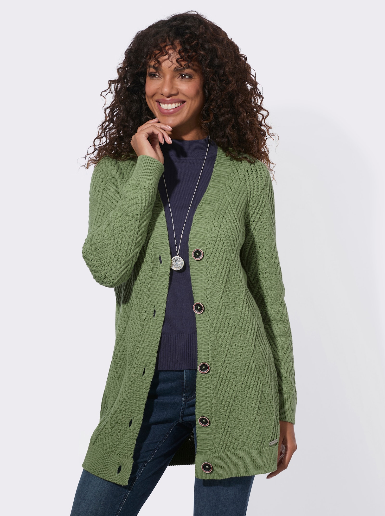 Longstrickjacke mit Knöpfen in Hornoptik - eucalyptus