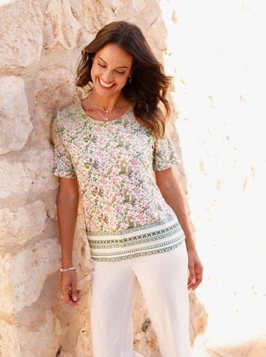 Kurzarmshirt mit Bordürenprint - khaki-hortensie-bedruckt