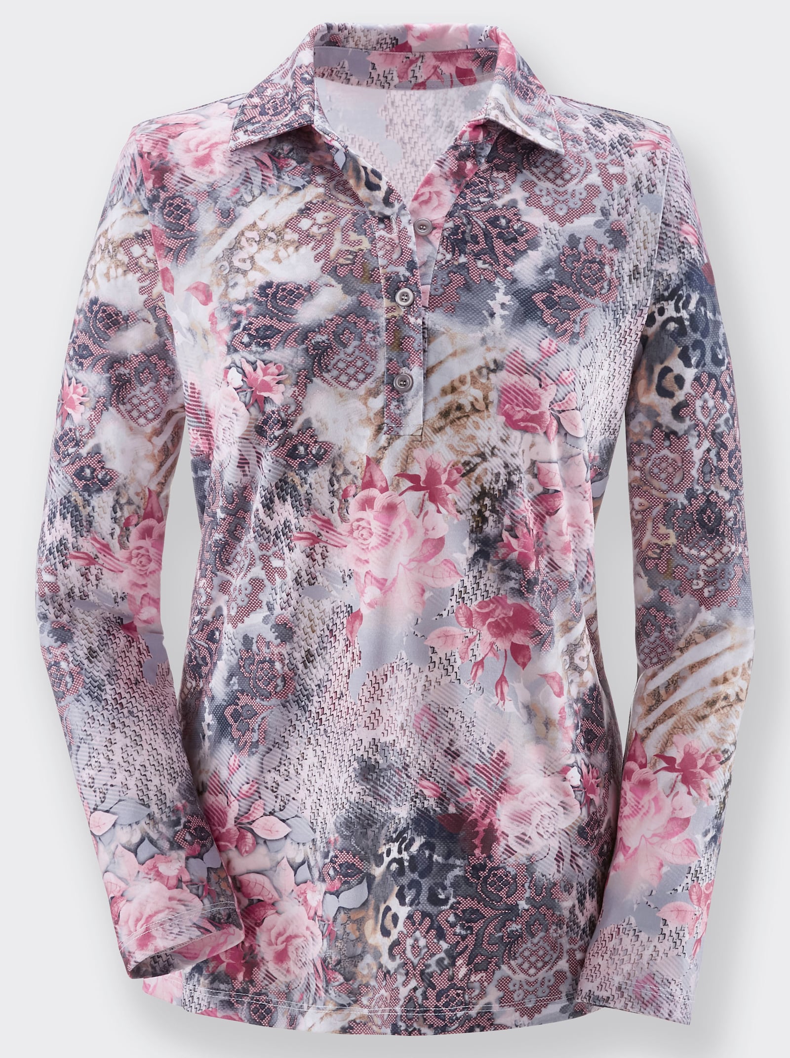 Poloshirt in Single-Jersey-Qualität - steingrau-altrosé-bedruckt