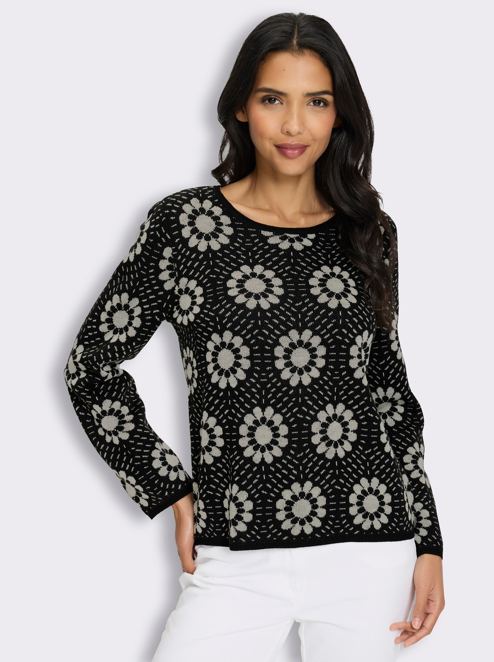 Jacquard-Pullover mit Blumen-Muster - schwarz-champagner-gemustert
