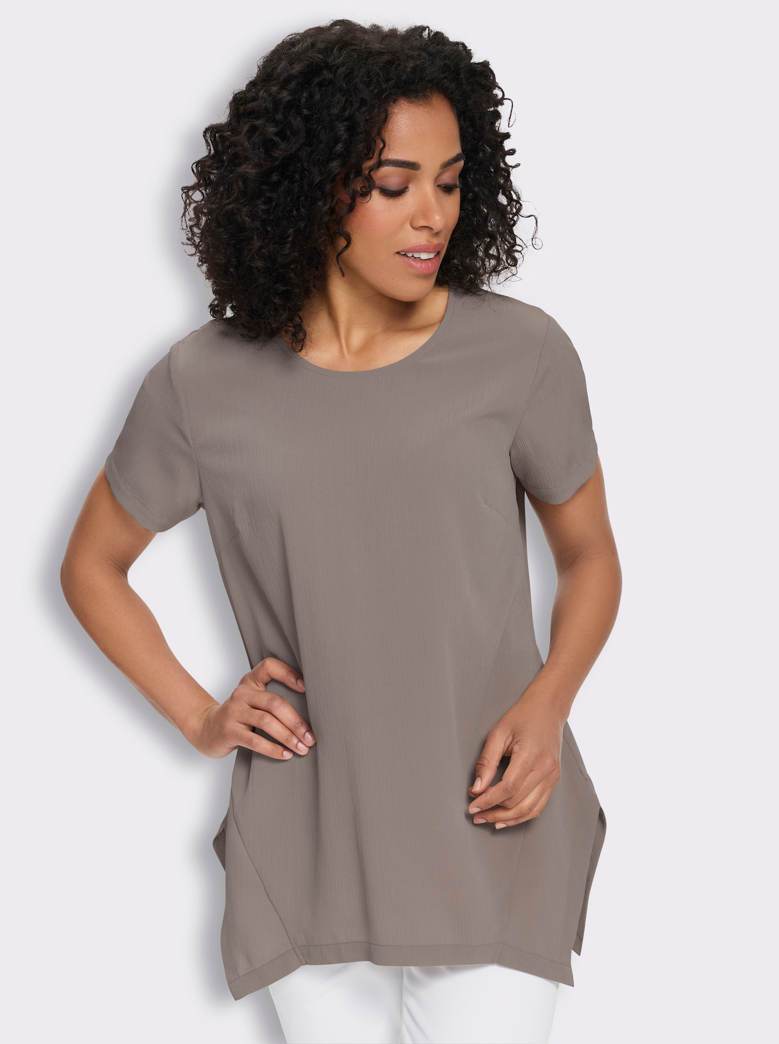 Longbluse mit Zipfelsaum, pflegeleicht - taupe