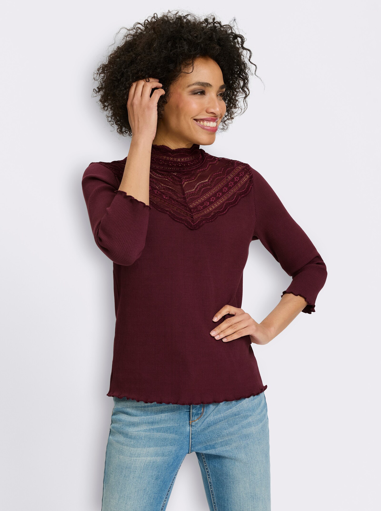 heine 3/4-Arm-Shirt mit Spitzeneinsatz - burgund
