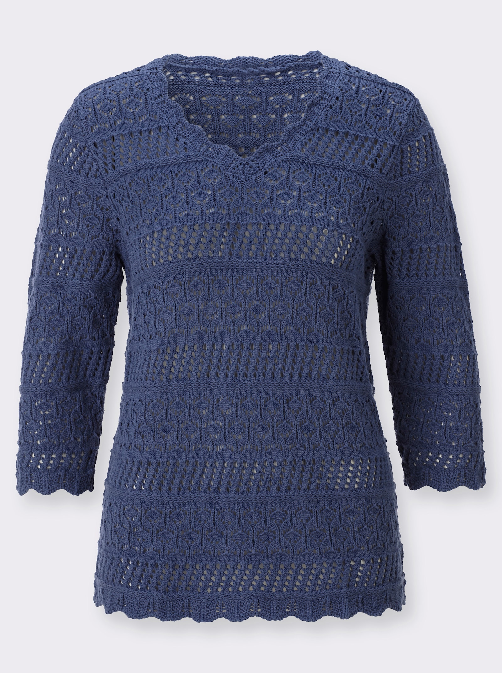 Ajourpullover mit gewellten Abschlüssen - jeansblau