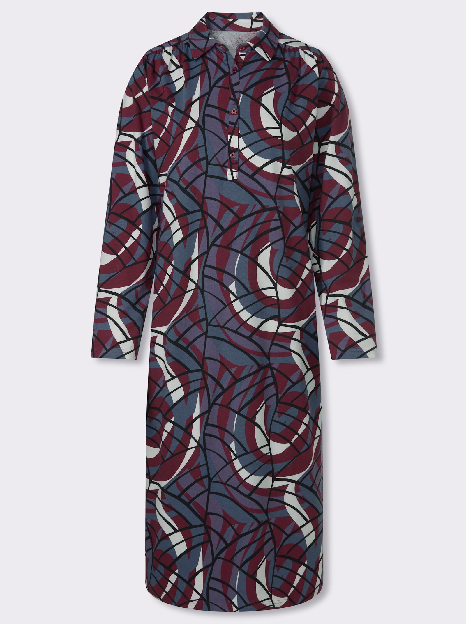 Polokleid im Baumwoll-Mix - bordeaux-rauchblau-bedruckt