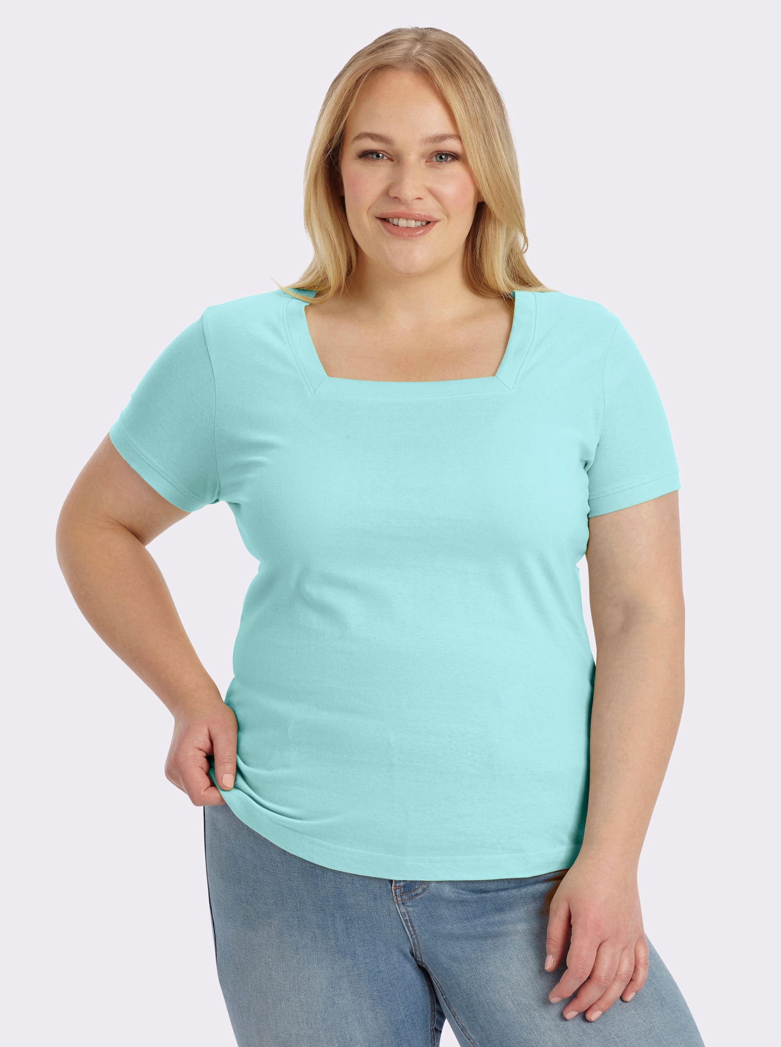 Kurzarmshirt mit Karree-Ausschnitt - türkis