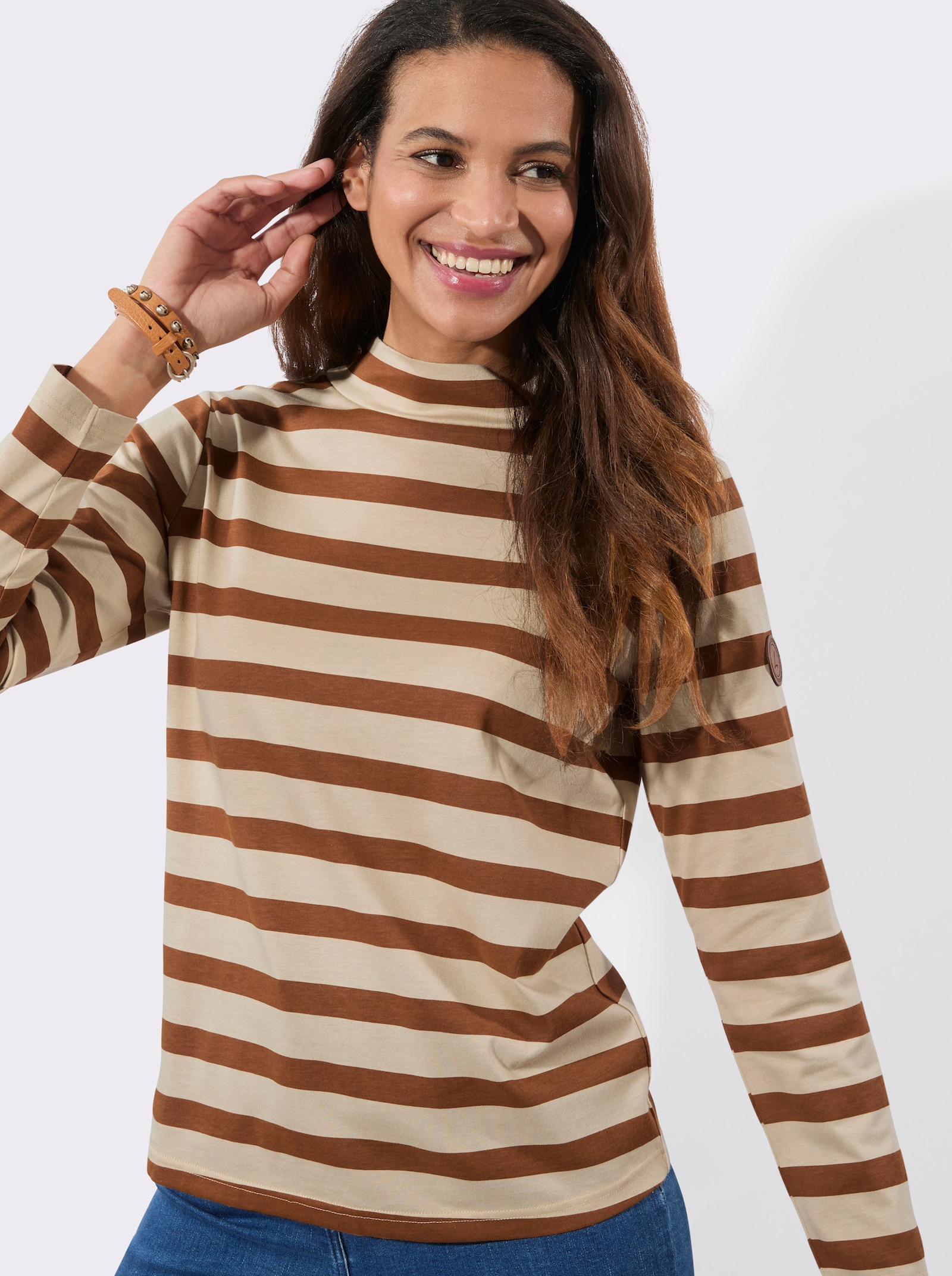 Stehkragenshirt - cognac-sand-geringelt