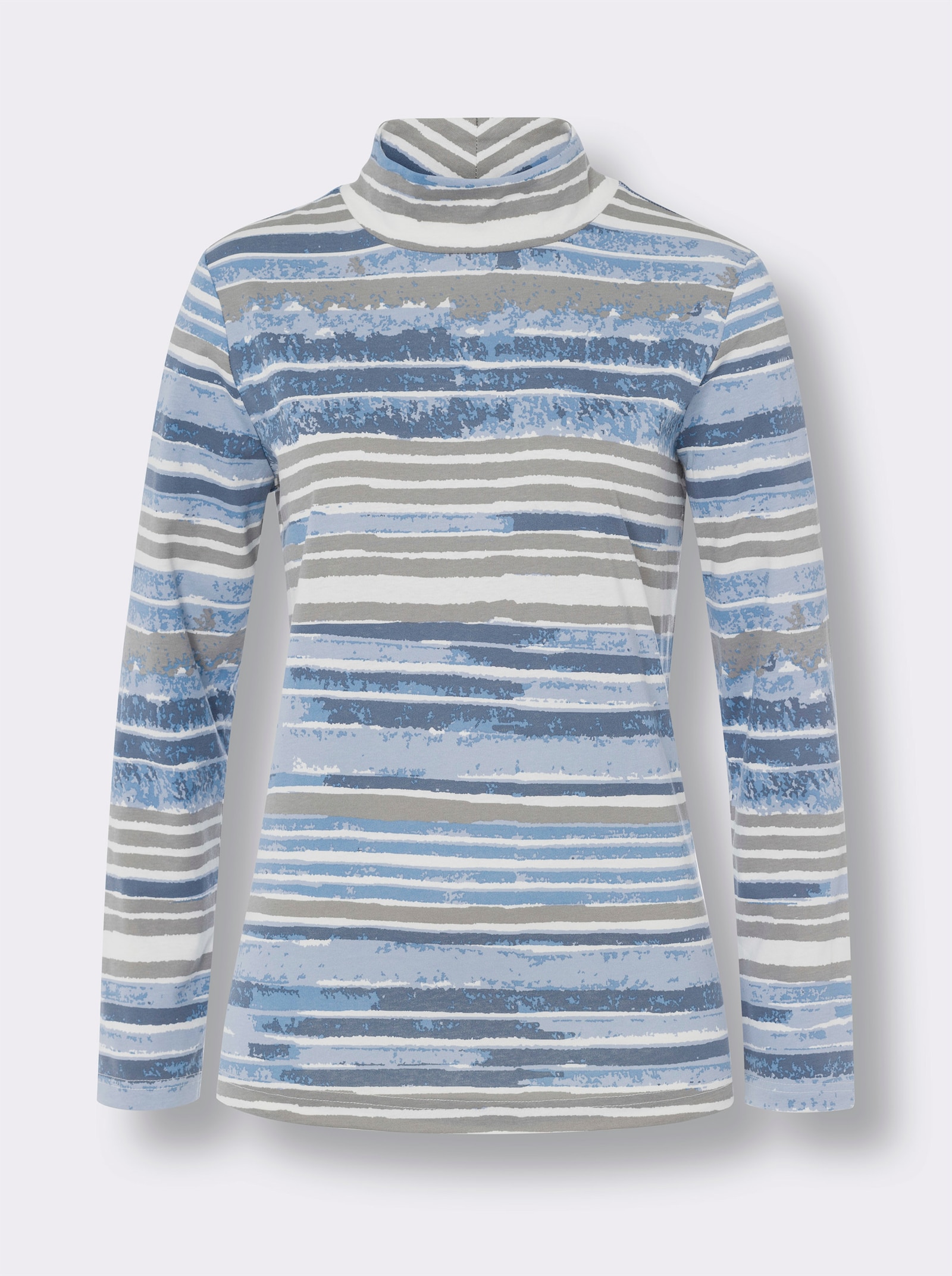 Stehkragenshirt mit Streifen-Muster - bleu-grau-bedruckt