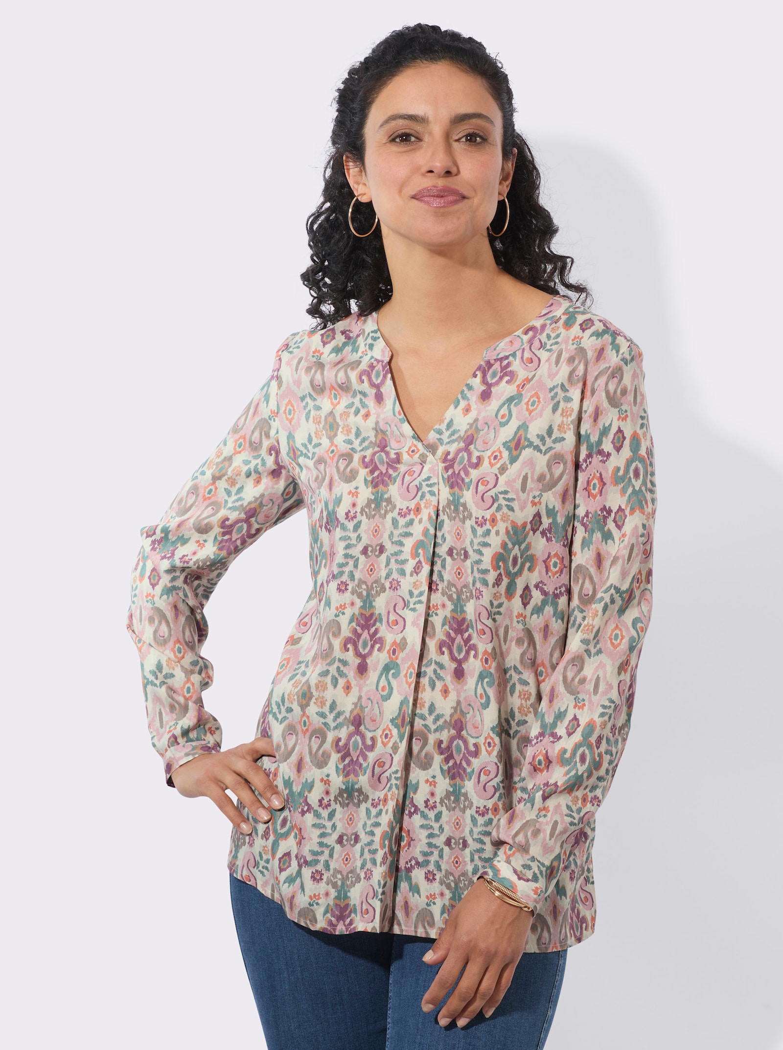Druckbluse in Schlupfform - champagner-jade-bedruckt