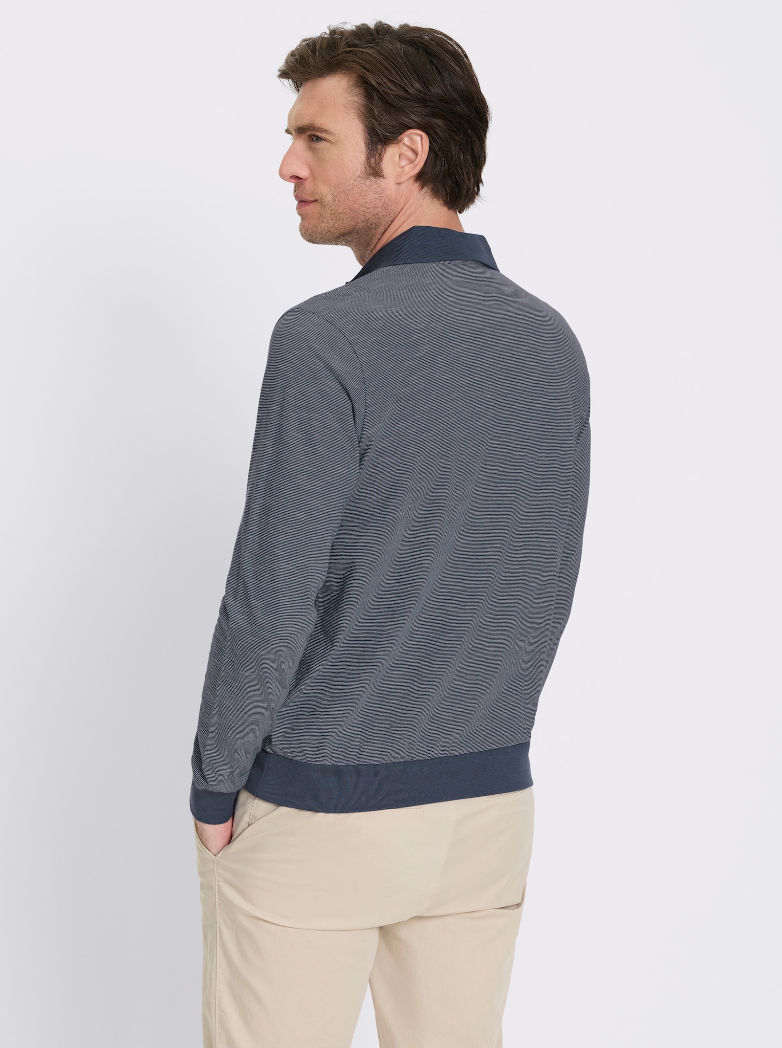 Marco Donati Langarm-Poloshirt im Streifendessin allover - rauchblau-gestreift