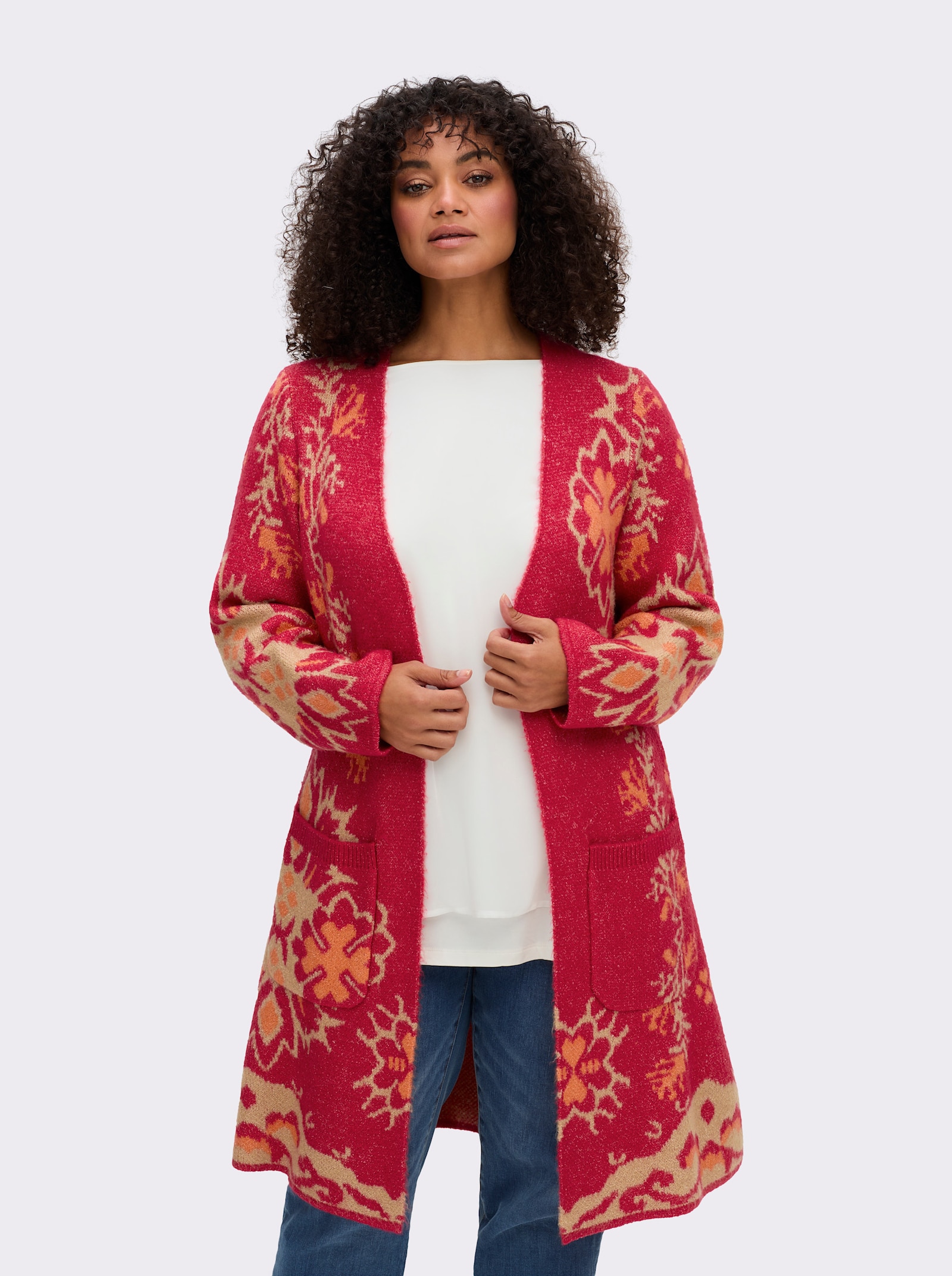 sheego by Joe Browns Strickmantel mit Blüten-Jacquardmuster - erdbeere-camel-gemustert