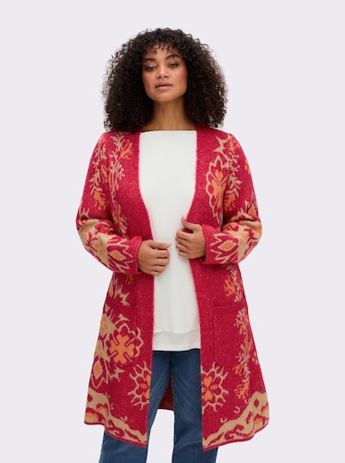 sheego by Joe Browns Strickmantel mit Blüten-Jacquardmuster - erdbeere-camel-gemustert
