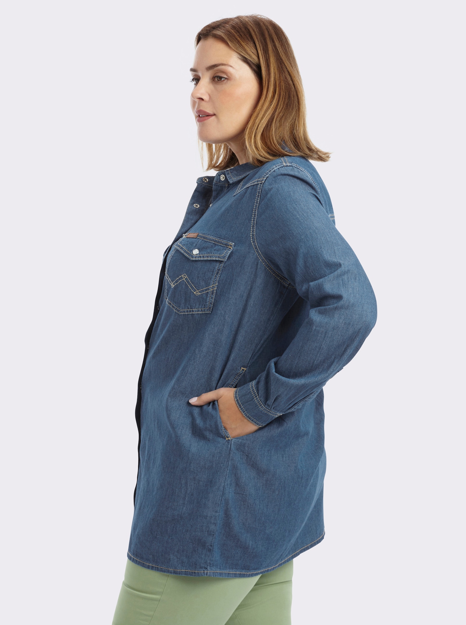 Jeansbluse mit Druckknopfleiste - blue-bleached