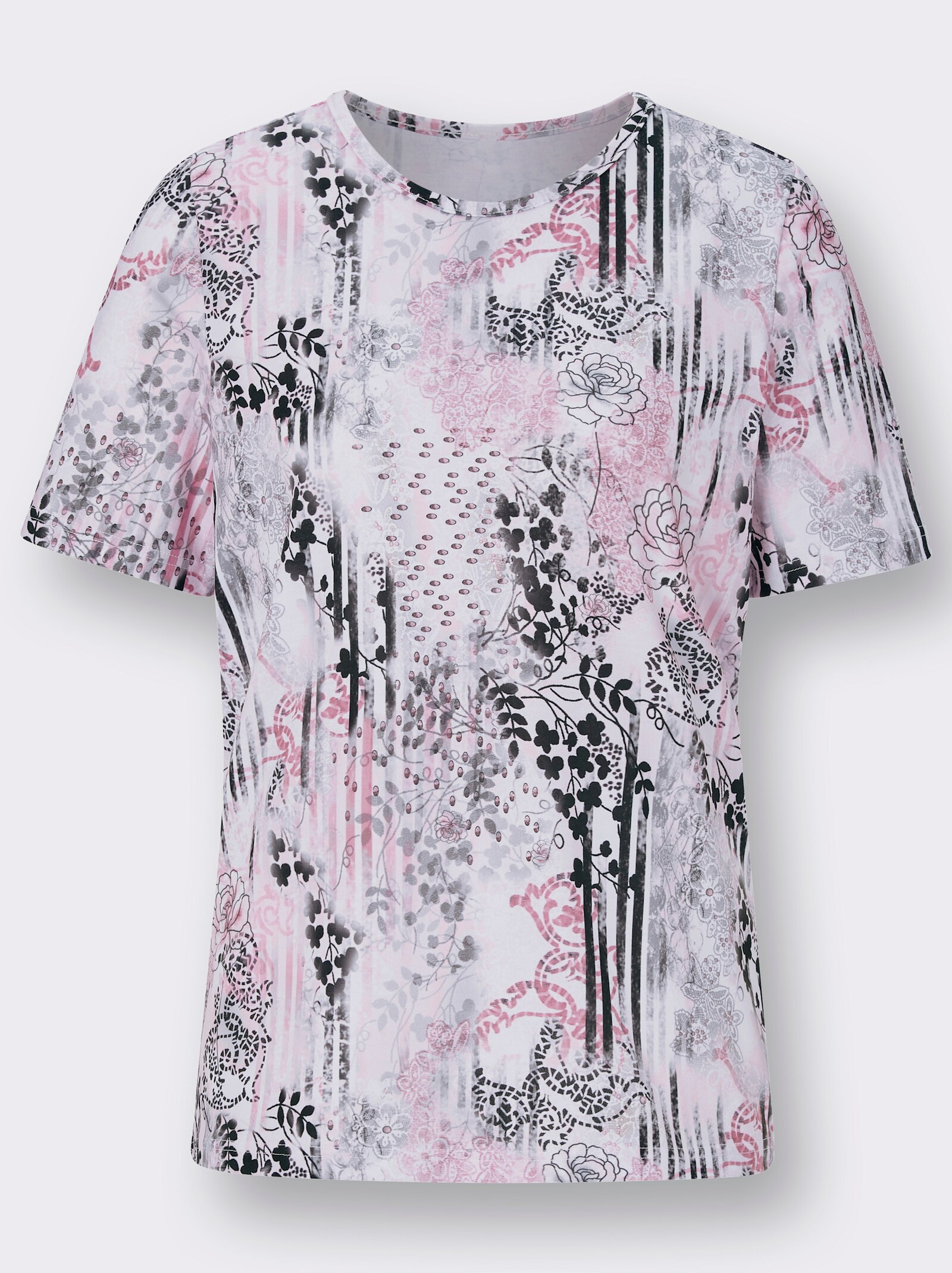 Rundhalsshirt mit Kurzarm - altrosé-grau-bedruckt