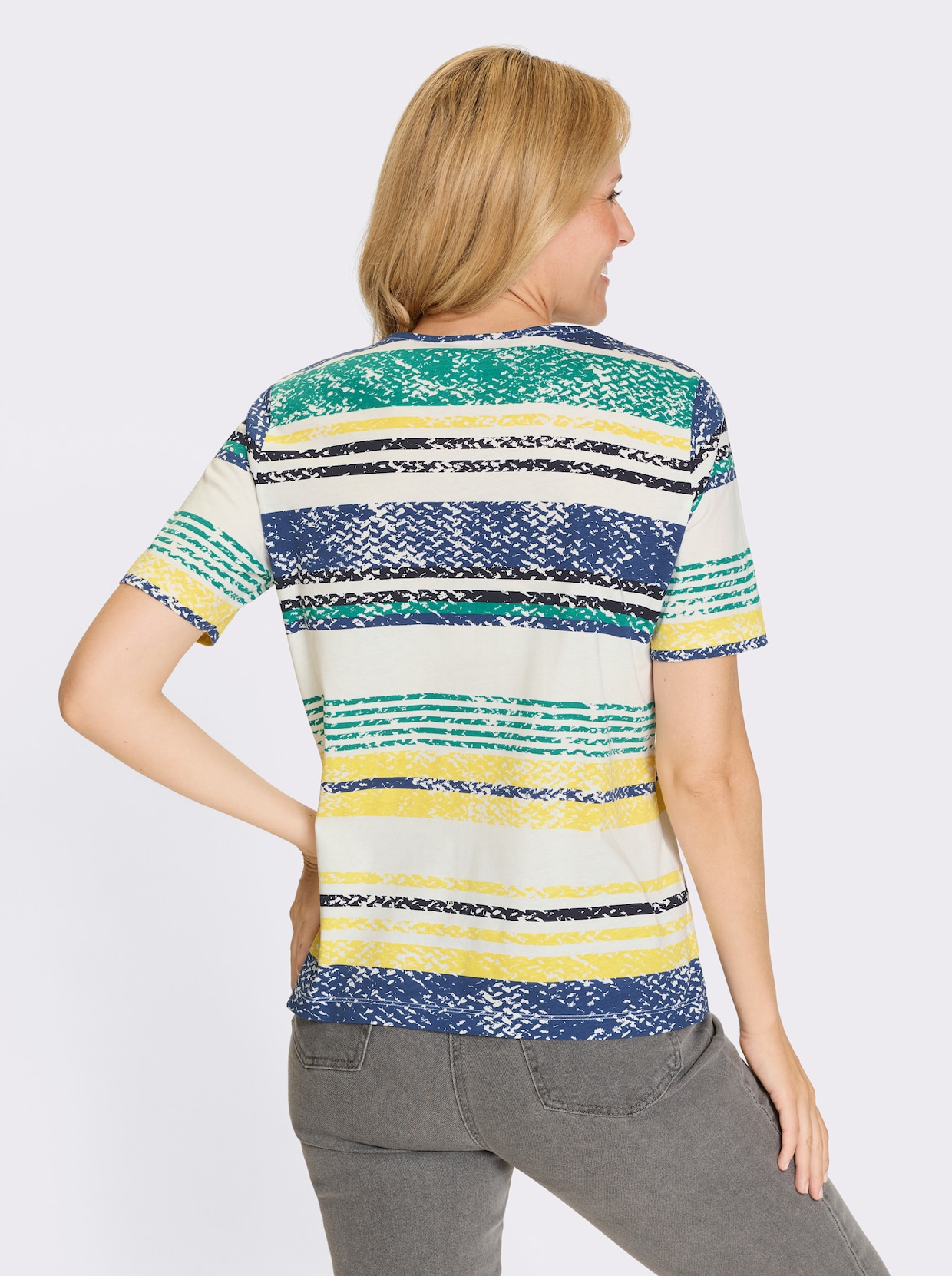 Rundhalsshirt - ecru-jeansblau-geringelt