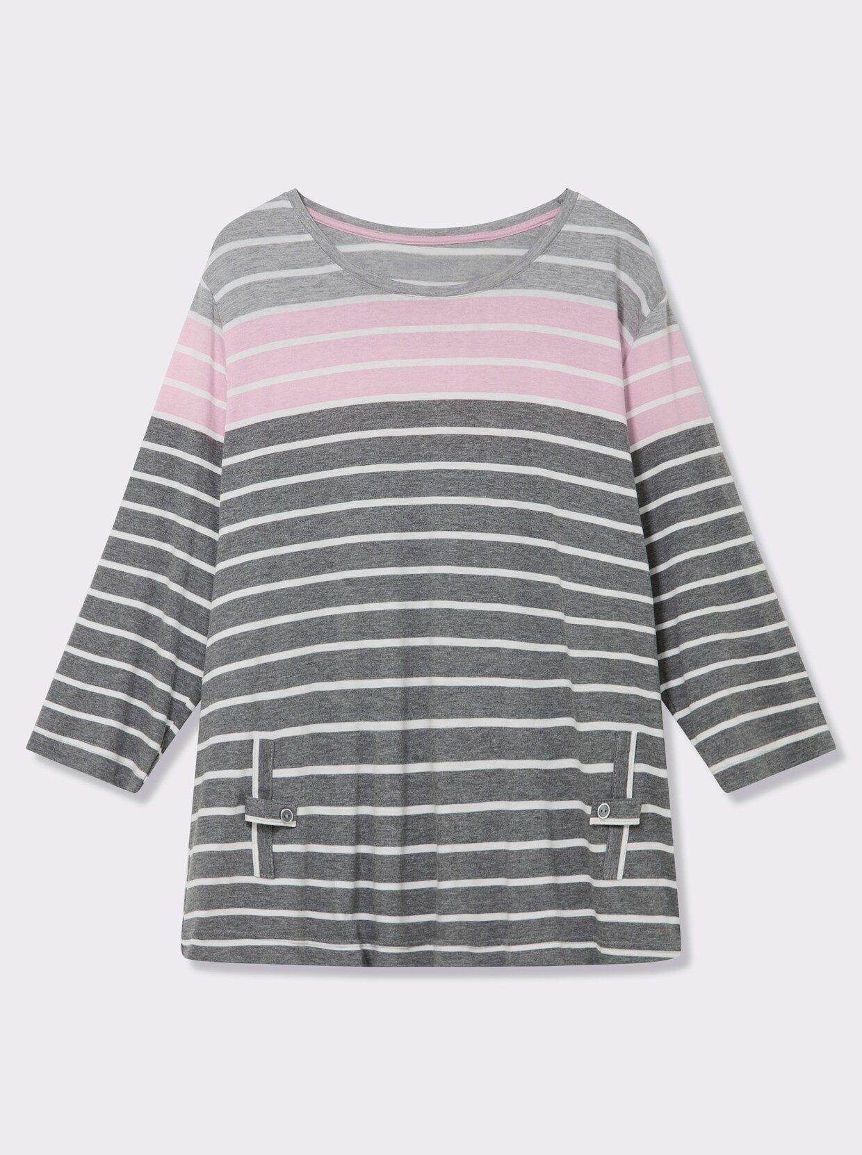 3/4-Arm-Shirt mit 2 imitierten Taschen - grau-rosé-gestreift