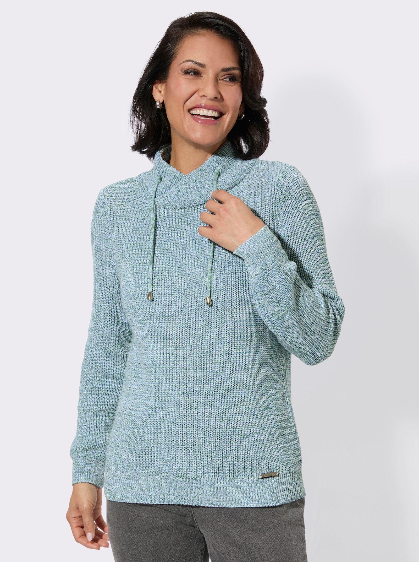 Stehkragenpullover in Melange-Optik - apfel-himmelblau-meliert