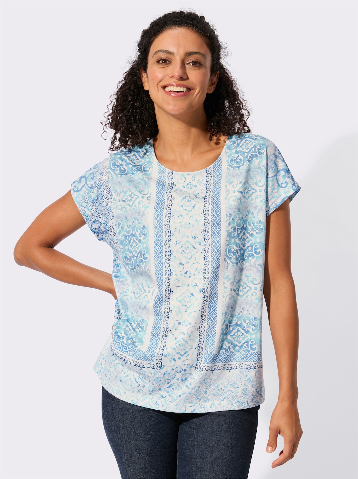 Print-Shirt mit überschnittenen Schultern - jeansblau-ecru-bedruckt