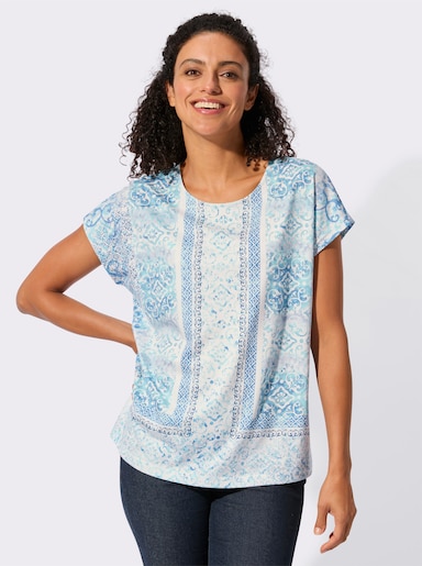 Print-Shirt mit überschnittenen Schultern - jeansblau-ecru-bedruckt