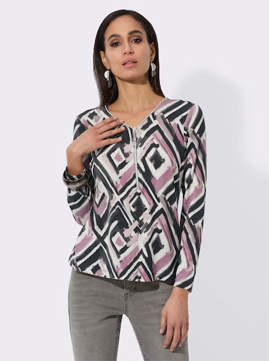 Langarmshirt mit Reißverschluss - ecru-graphit-bedruckt