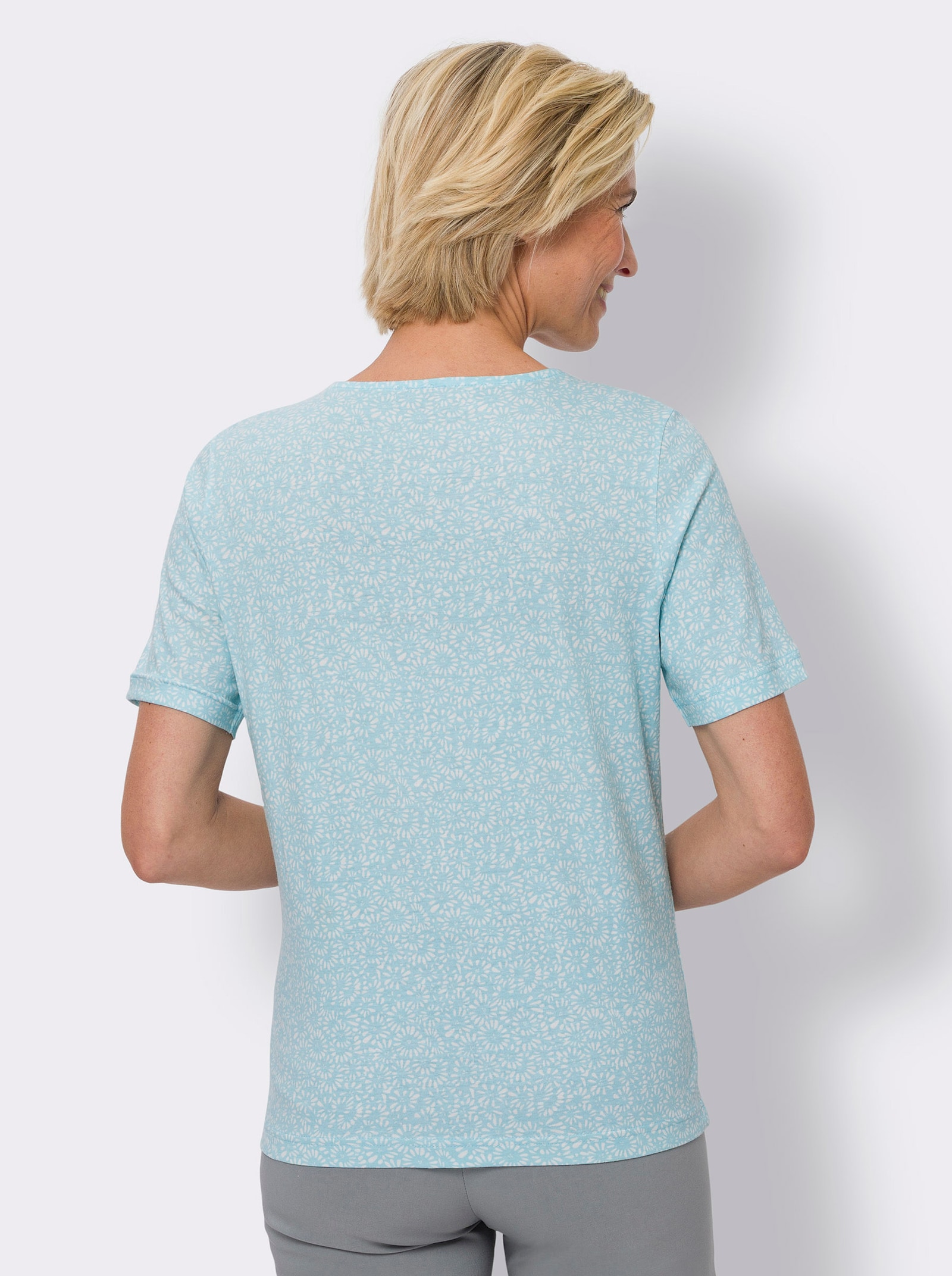 Kurzarmshirt mit Minimal-Floral-Muster - ecru-aquamarin-bedruckt