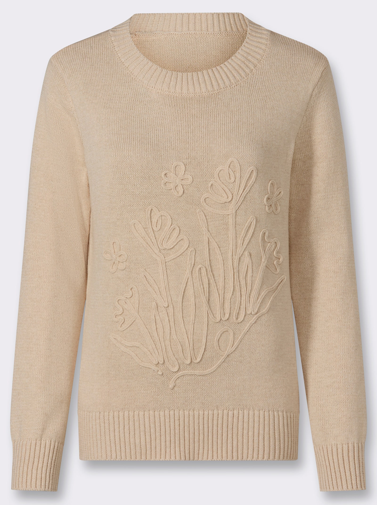 Baumwollpullover mit floraler Kordelstickerei - sand-meliert