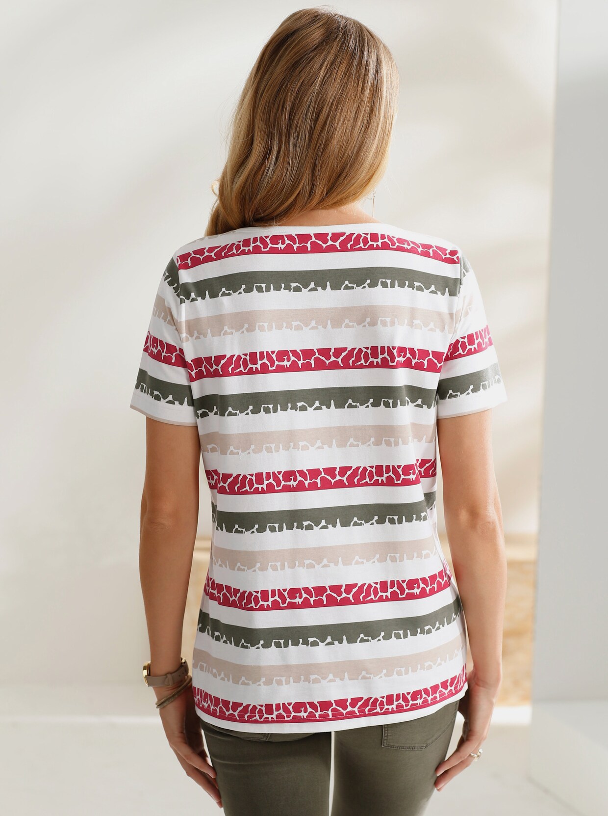 Shirt met print - kaki/rood gestreept