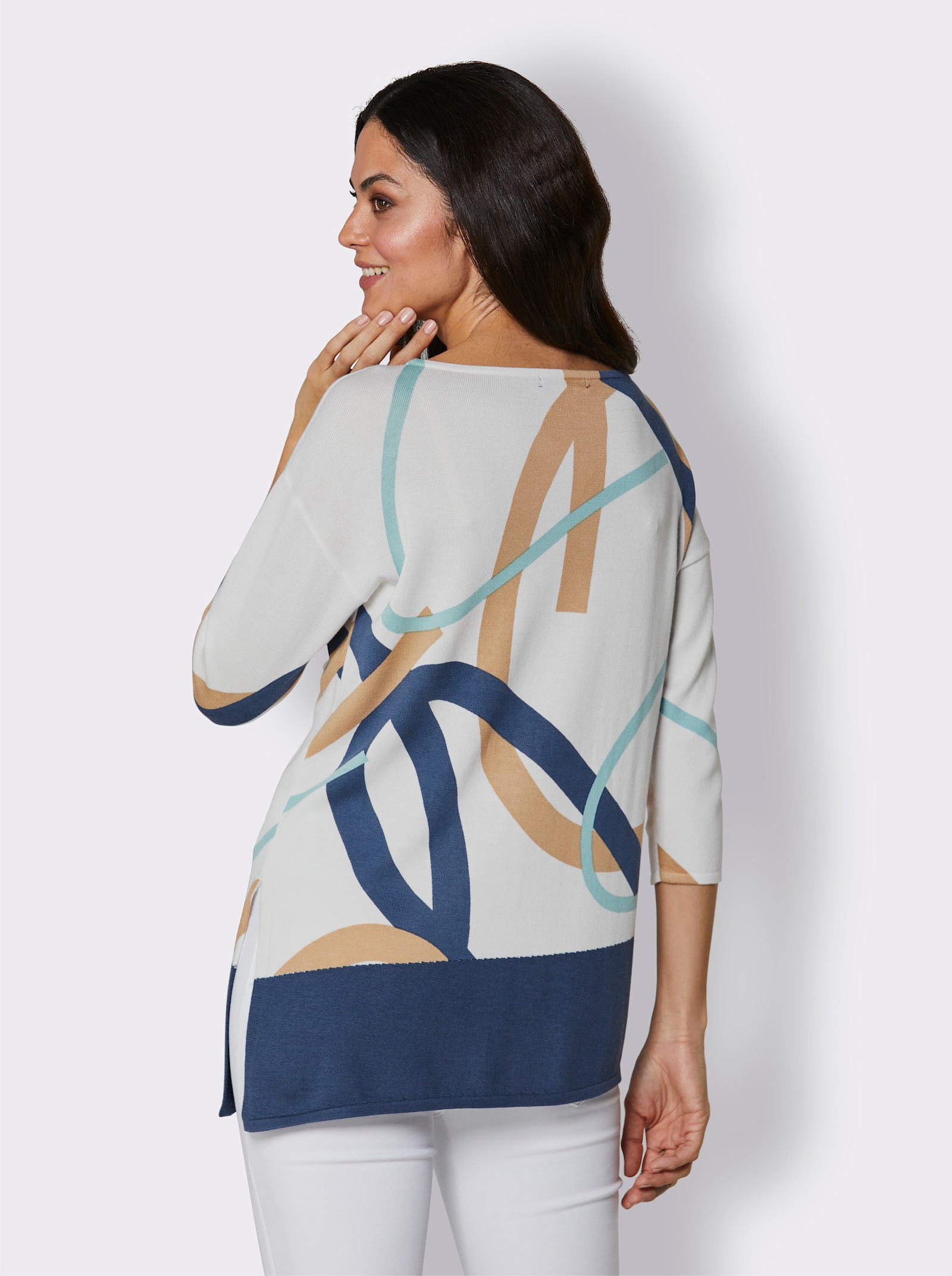 CREATION L PREMIUM 3/4 Arm-Pullover mit asymmetrischem Saum - ecru-jeansblau-gemustert