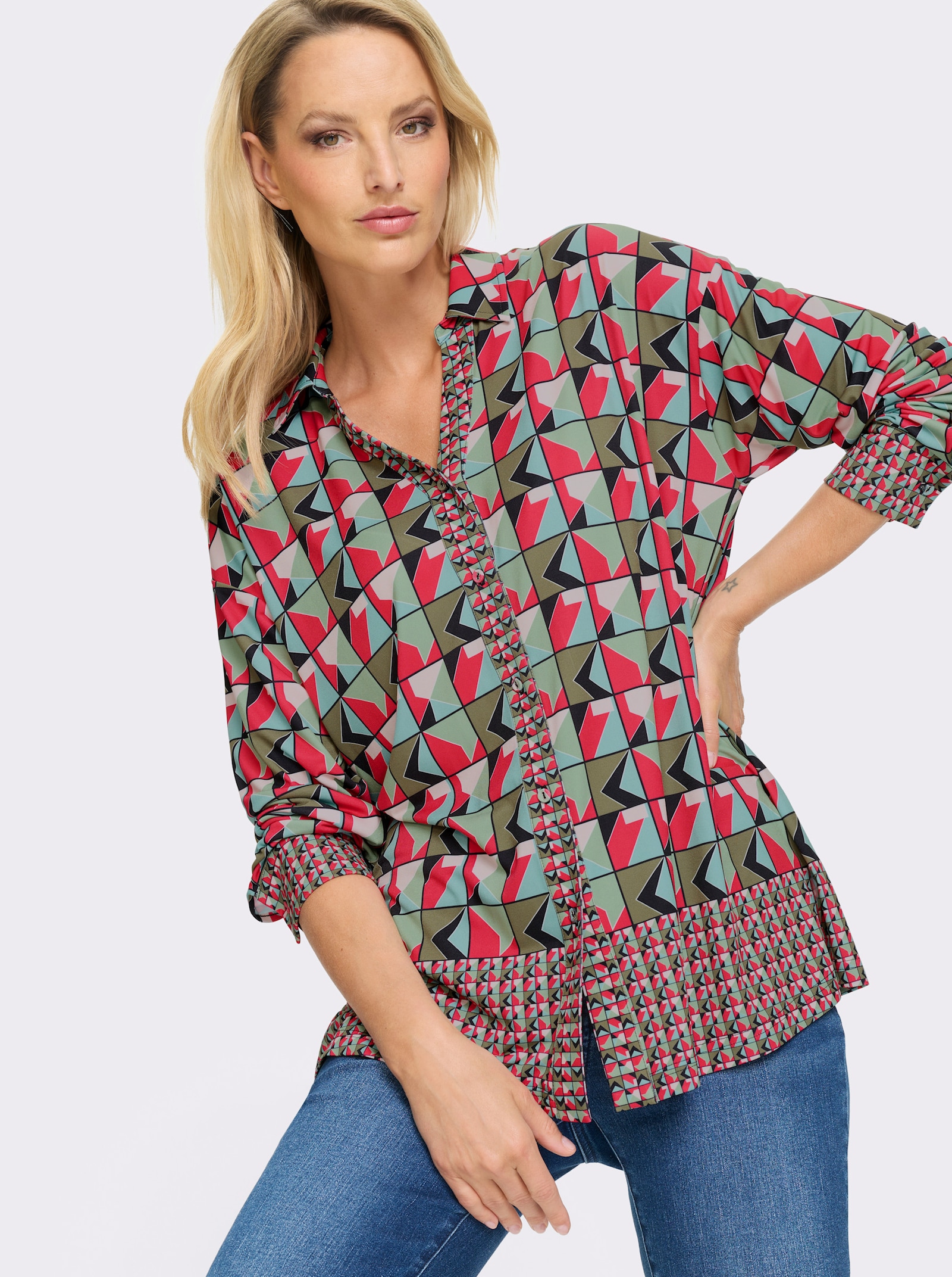 heine Blusenshirt mit leichtem Glanz - pink-schwarz-bedruckt