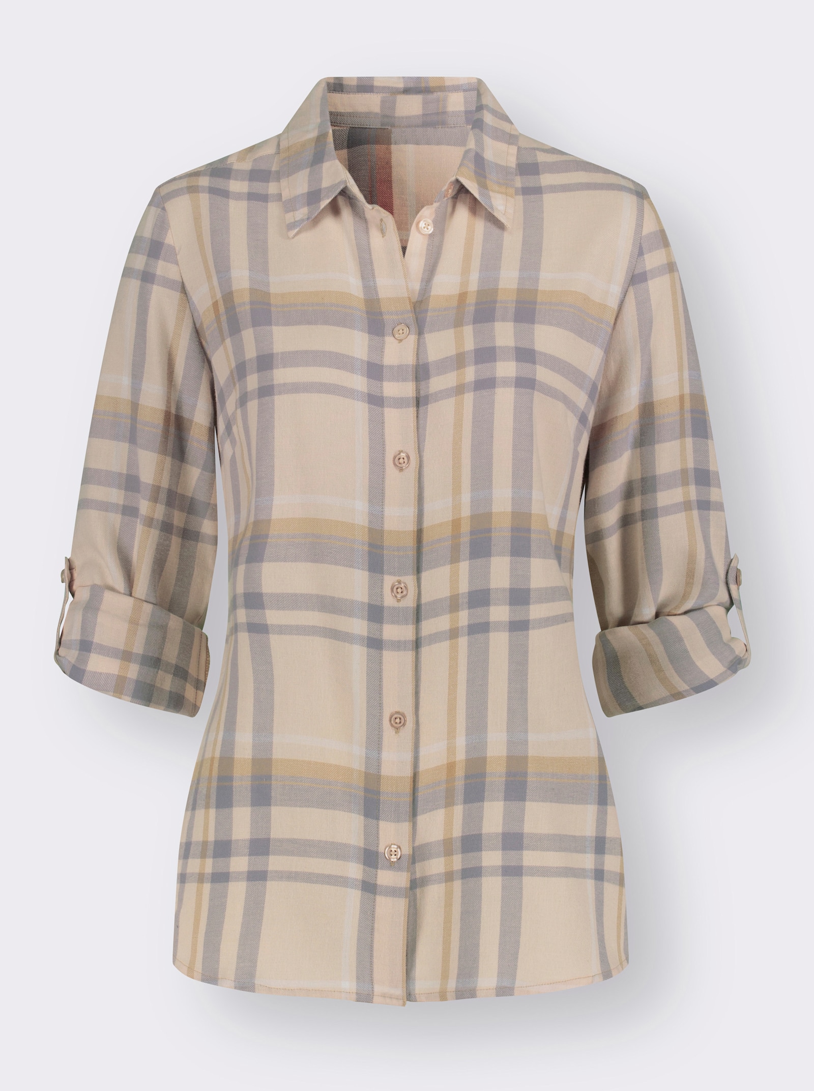 Flanellbluse mit krempelbaren Ärmeln - camel-steingrau-kariert