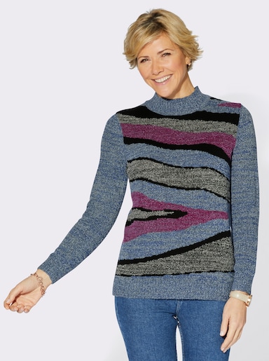 Stehkragenpullover mit Intarsien-Strickmuster - jeansblau-meliert