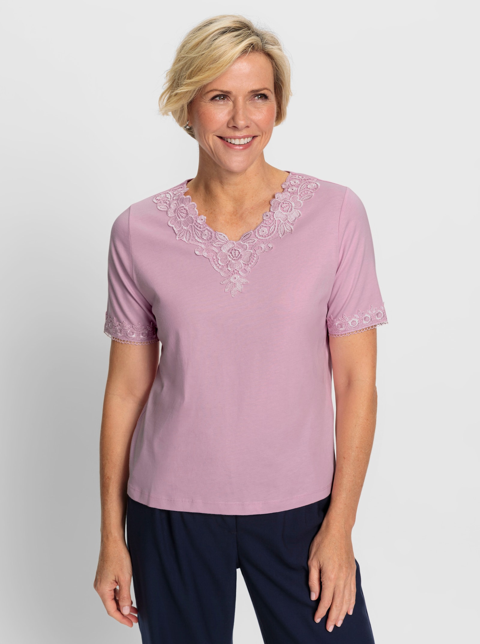 Kanten shirt met V-hals - roze