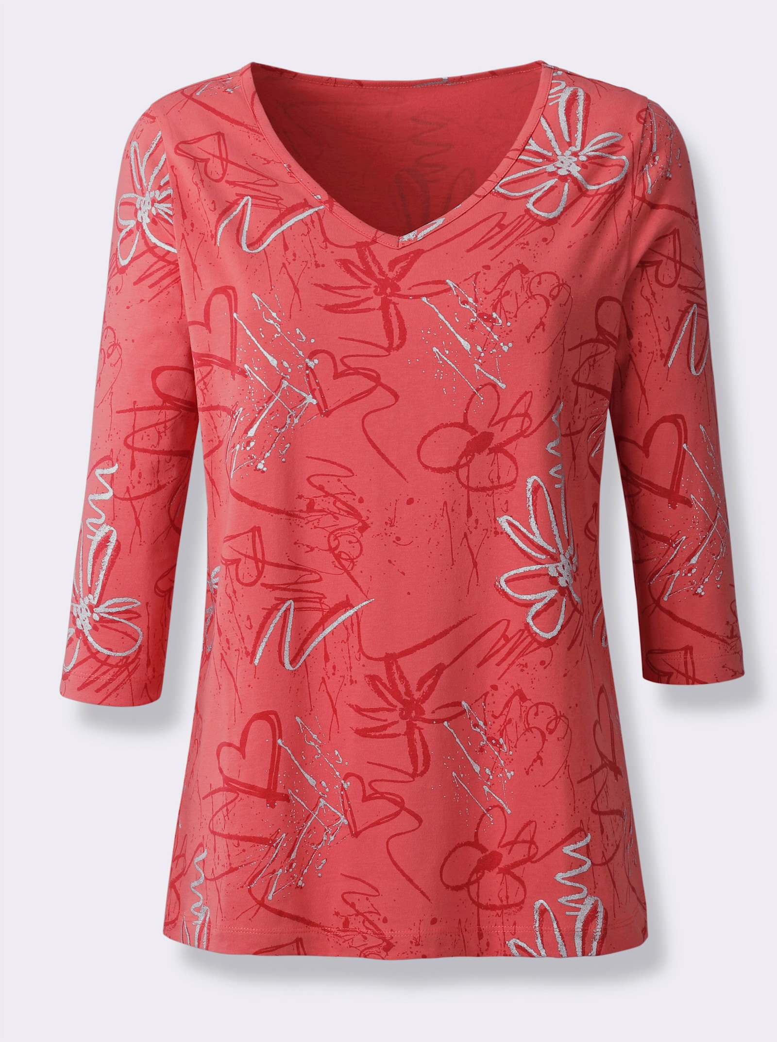3/4-Arm-Shirt mit Herzen und Blüten verziert - grapefruit