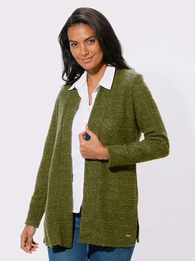 Longstrickjacke mit Schalkragen, Bouclé-Qualität - oliv-meliert