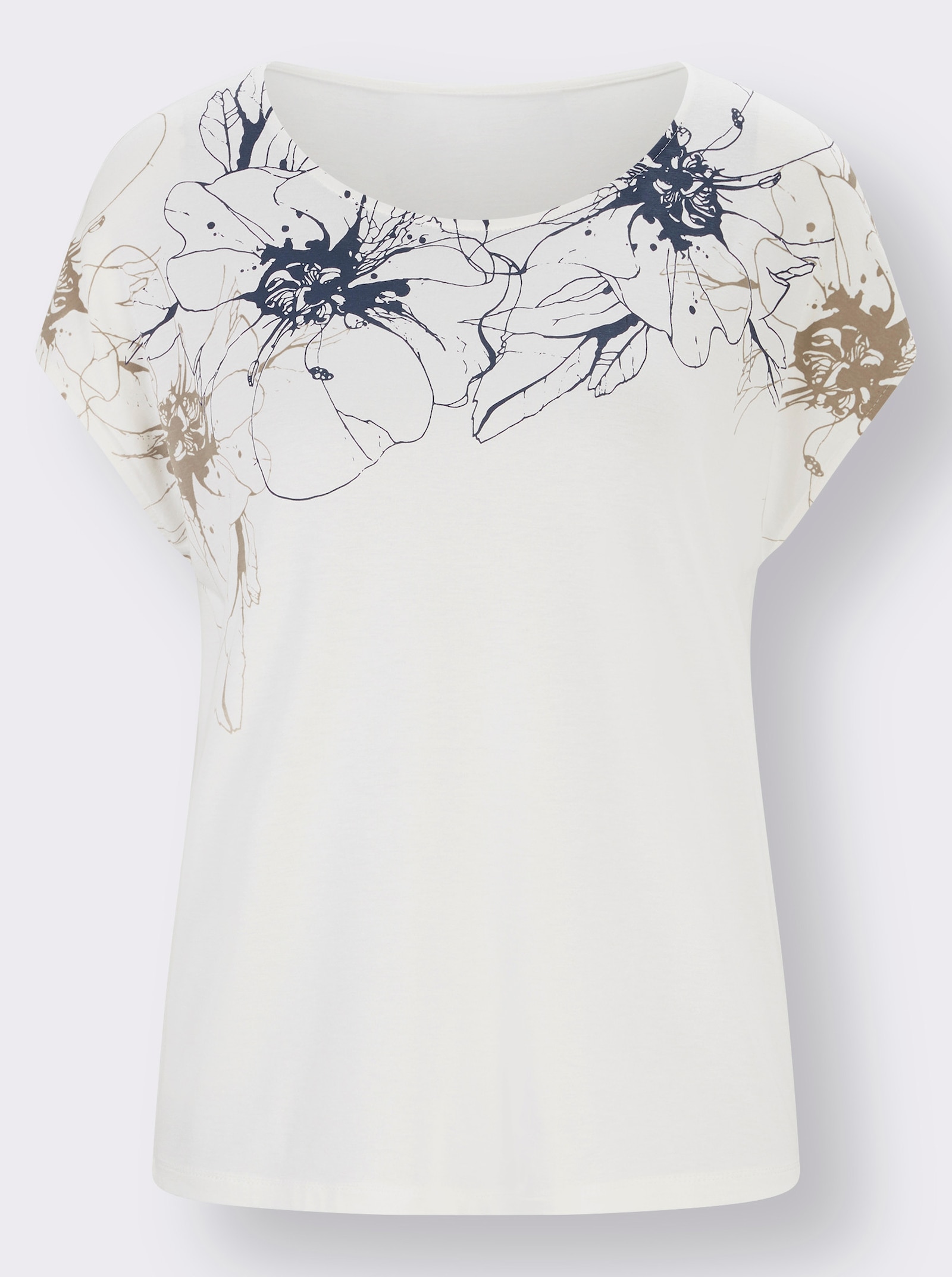 Kurzarmshirt mit Blüten-Dessin - sand-rauchblau-bedruckt
