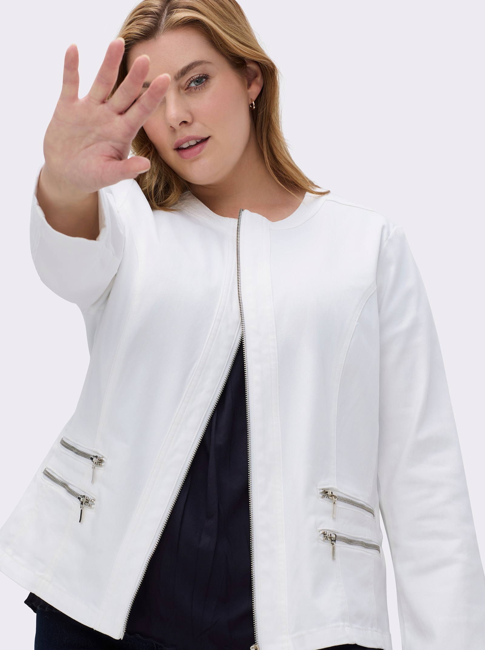 Jeansblazer mit Zier-Reißverschlüssen - wollweiß