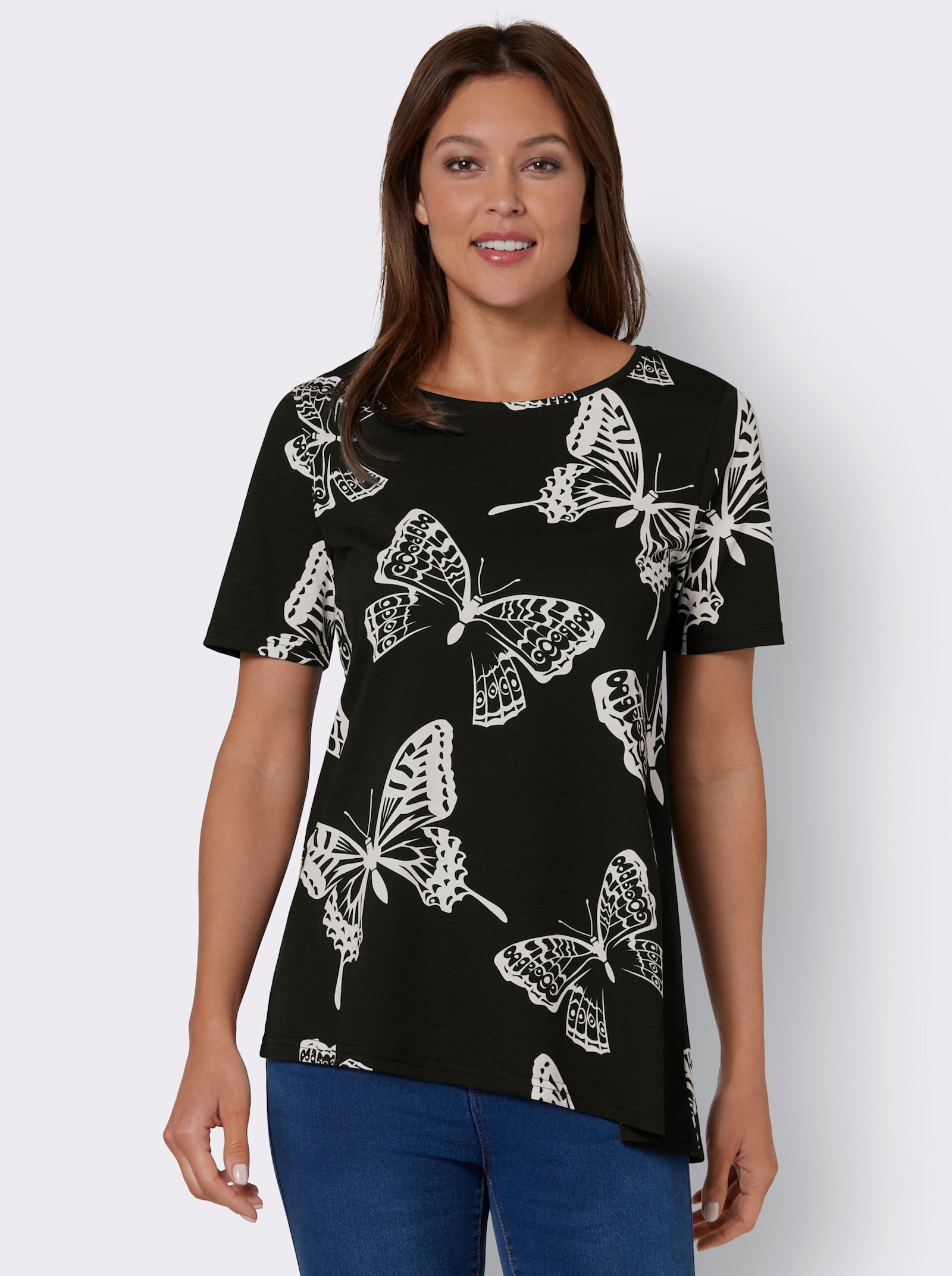 Tričko, krátke rukávy, asym. lem - čierna vzorovaná