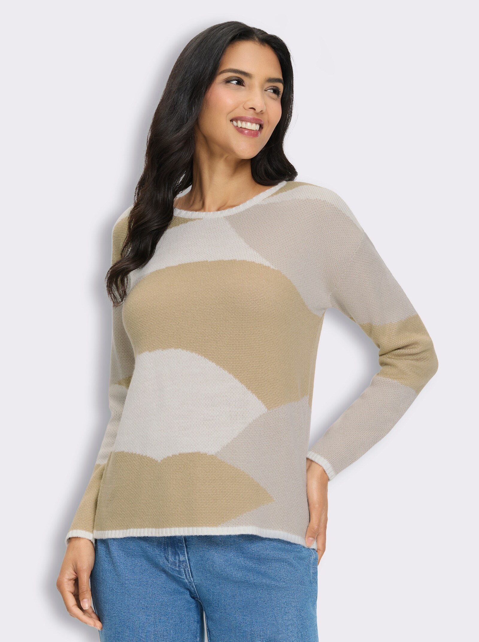 Langarm-Pullover aus Jacquard-Strick - hellgrau-beige-gemustert