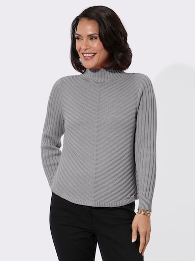 Stehkragenpullover mit abgerundetem Saum - steingrau-meliert
