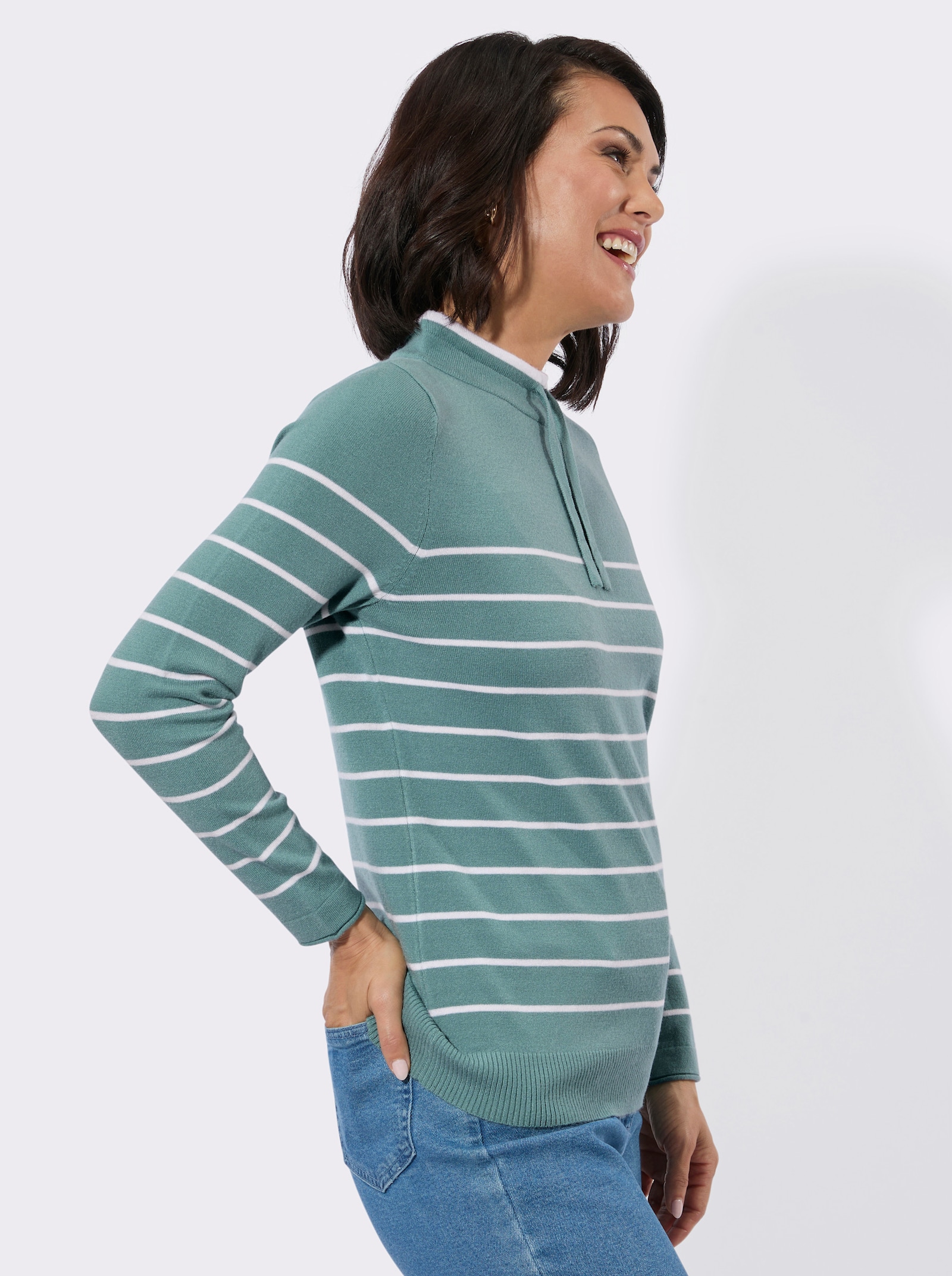 Stehkragenpullover mit sportiven Details - jade-ecru-geringelt