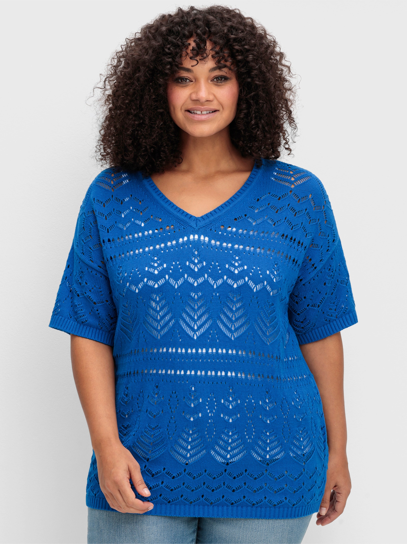 sheego Pullover im Ajourstrick - kobaltblau